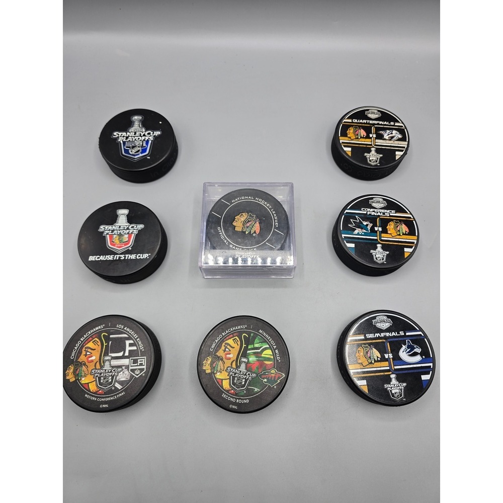 Lot of 8 Chicago Blackhawks NHL Stanley Cup Playoffs Hockey Pucks 2010 2014
